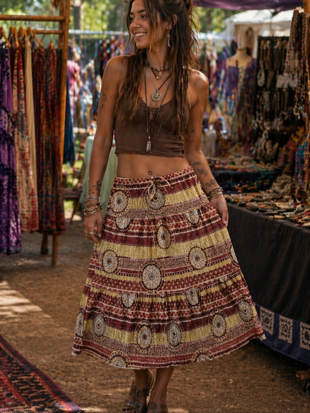 Zoey Beth Size Medium Y2K Midi Crinkle Skirt Boho Hippie Peasant Style Witchy